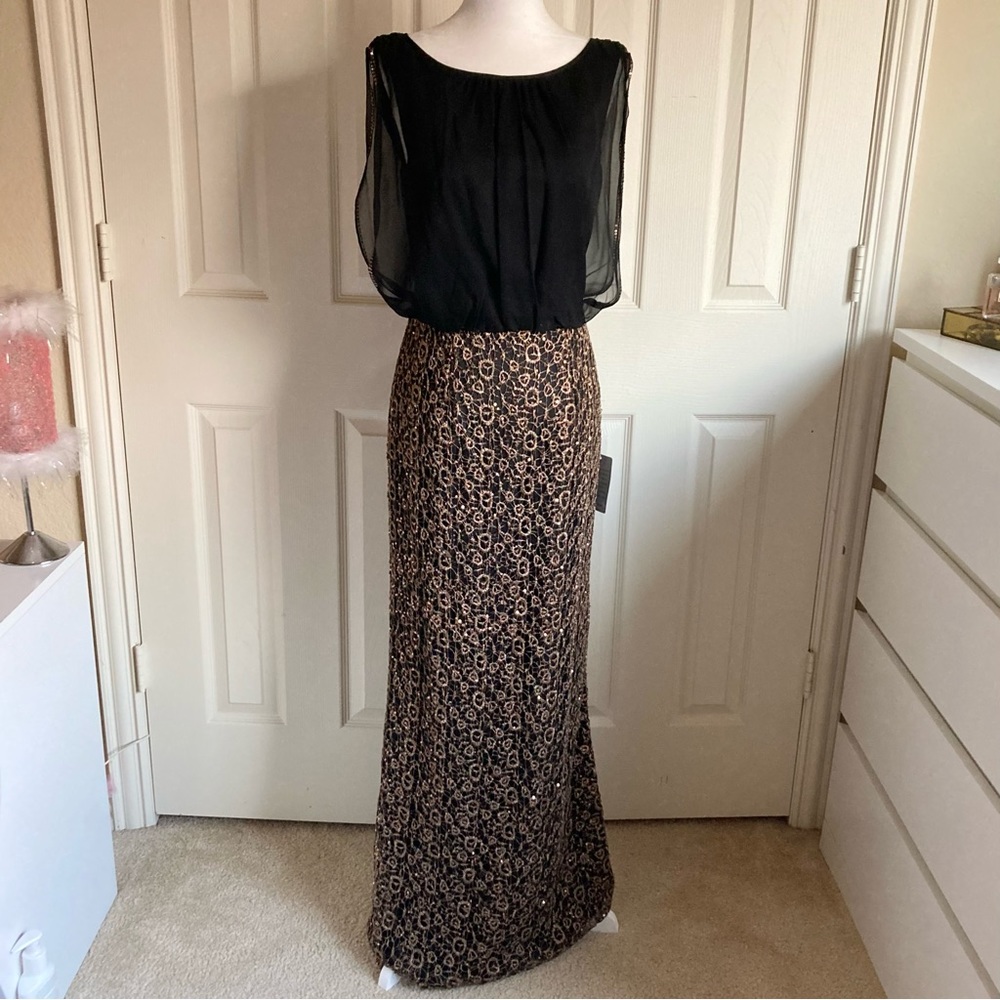 NWT Aidan Mattox silk maxi Dress beautiful gold beading embroidery sz 4